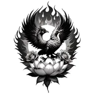 Phoenix rising from a lotus with flames behind it and roses all around tattoo design idea