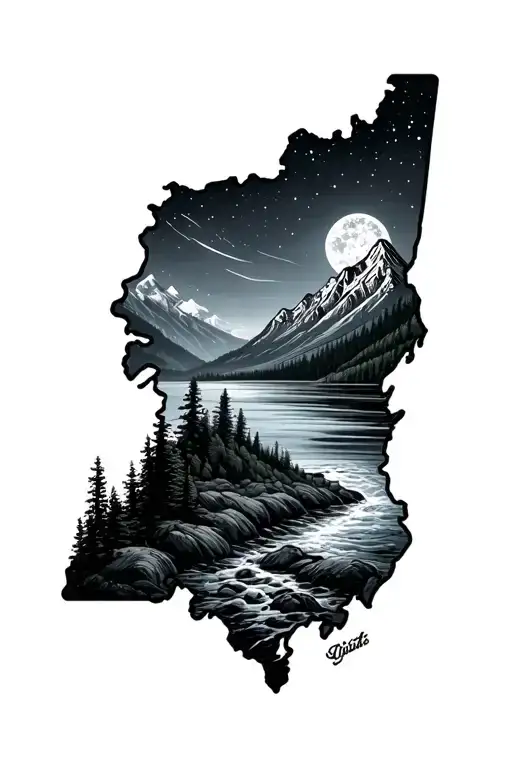 mountain rage and stream with a night sky within a maine outline tattoo design idea