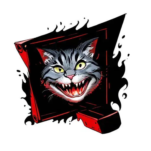cheshire cat smile and eyes inside a red  fire emergency glass box with black background tattoo design idea