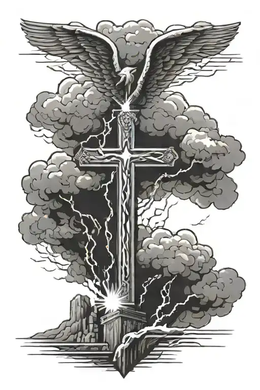 Lightning going from shoulder to pearly gates and clouds with cross and a wing on back side shaded in tattoo design idea