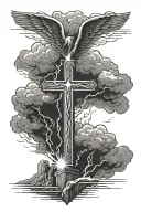 Lightning going from shoulder to pearly gates and clouds with cross and a wing on back side shaded in tattoo design idea