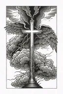 Lightning going from shoulder to pearly gates and clouds with cross and a wing on back side shaded in tattoo design idea