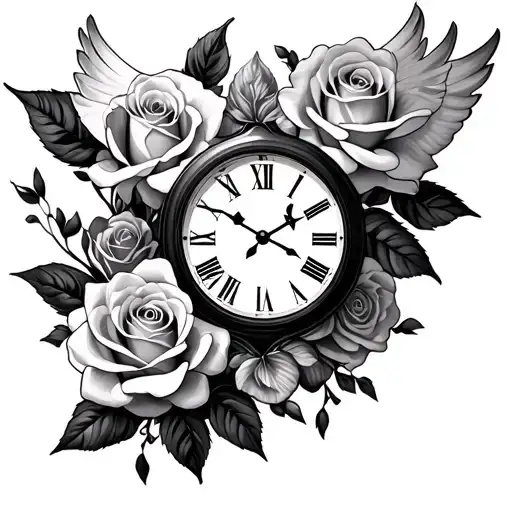 roses clock and dove sleeve  tattoo design idea