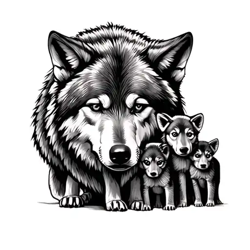 grandfather wolf with 3 female cubs tattoo design idea