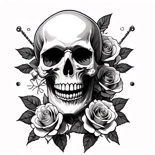 skull with roses and rock and roll sign tattoo design idea