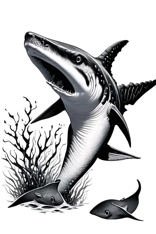 whale shark with 2 stingrays and seaweed tattoo design idea