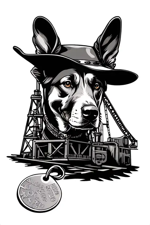 Army dog tags, Oil Rig drilling, cowboy hat,  spirits industry tattoo design idea