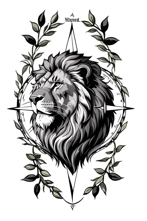 olive wreath lion lioness compass surrounded tattoo design idea