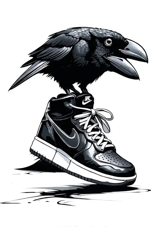 A crow wearing a pair of all black Airfoce 1 with white laces, looking down at his shoes. tattoo design idea