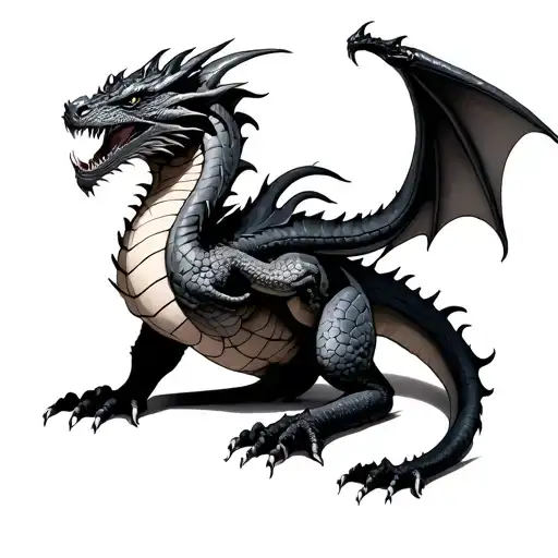 realistic dragon wrapped around the shoulder and chest, aggressive pose, detailed scales, wings, black and gray color scheme tattoo design idea