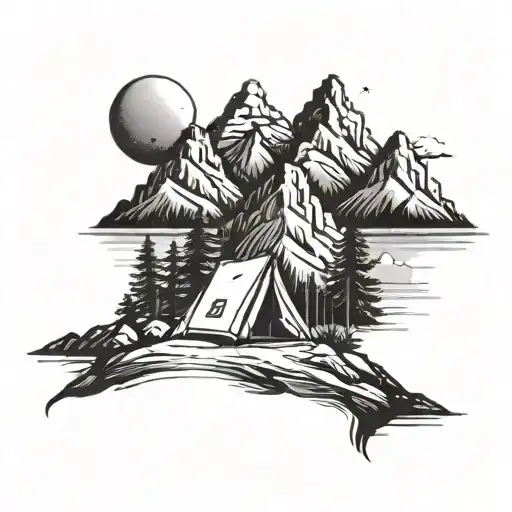 minimal stamp mountain, camping scene tattoo design idea