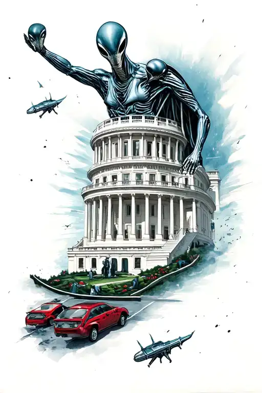 Aliens arriving in the white house surrounded tattoo design idea