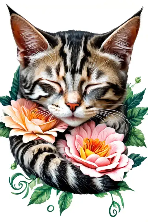 flowers with sleeping cat curled tattoo design idea