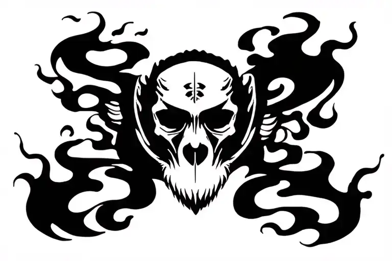 ASSYMETRICAL FLAMES WITH A SMALL MANDRILL SKULL IN THE MIDDLE tattoo design idea