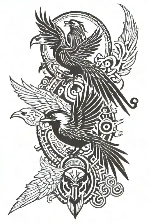  a thunderbird, and pheonix, and chickadee, and native chief warrior boy, and  lightning bolt  tattoo design idea