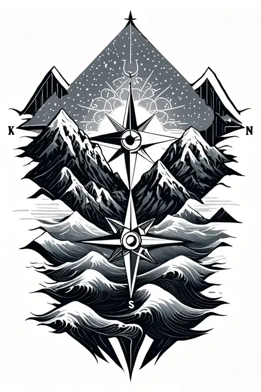 compass rose with intricate geometric mountains and waves tattoo design idea