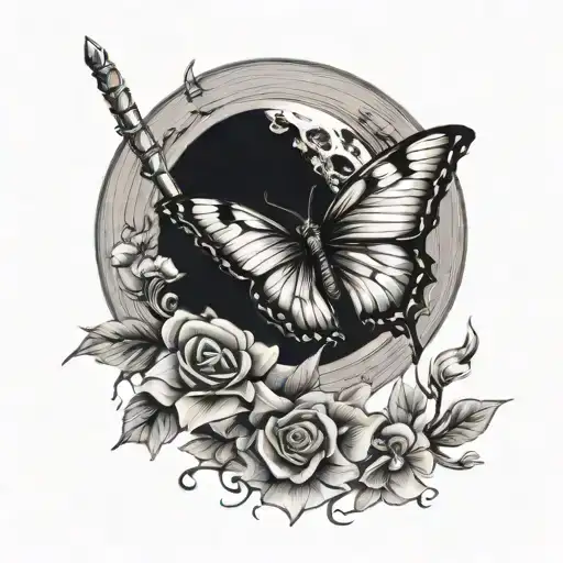 butterfly, sword, flowers, moon  tattoo design idea