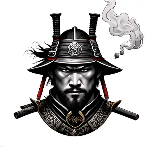 Realistic neo-Japanese portrait tattoo of a single samurai smoking on the upper outer arm. Focus on a solitary samurai w tattoo design idea