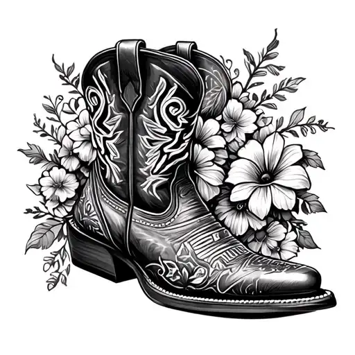 A detailed blackwork design of a cowboy boot with spurs, filled with various farm animals and flowers tattoo design idea
