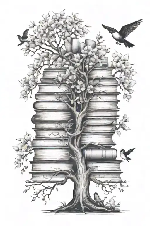 books tree flowers birds tattoo design idea