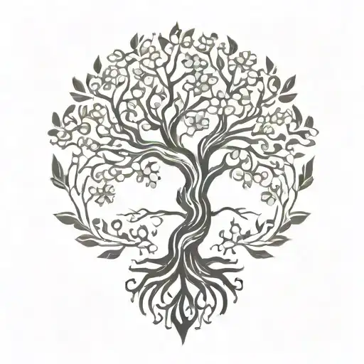 "Phoenix rising from a blooming tree, symbolizing growth, empowerment, and leadership. Tree roots represent stability an tattoo design idea