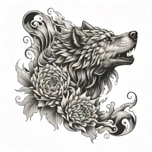 A Chrysanthemum wrapping around a wolf on fire inside of a moonheart tattoo design idea