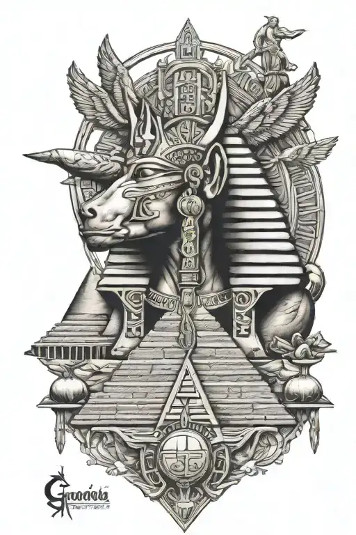 Pryamids of Giza with Anubis, Ankh symbol, and Eye of Ra tattoo design idea