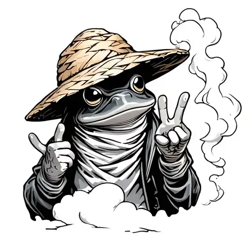 ninja toad in straw hat doing a japanese hand sign surrounded by puff of smoak tattoo design idea