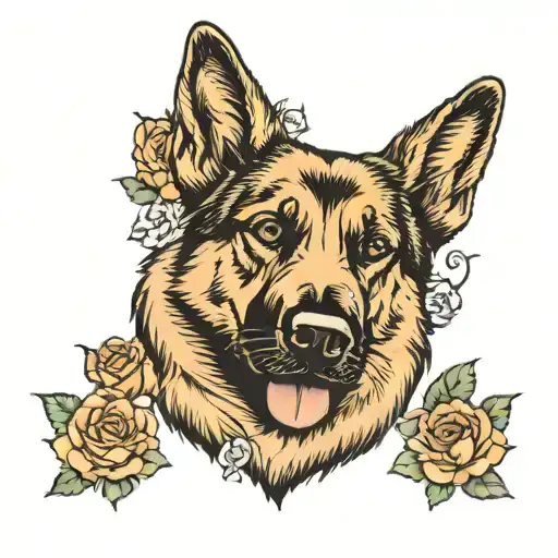 plush coat German shepherd dog surrounded by roses tattoo design idea