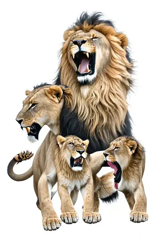 lion roaring with lioness protecting her cubs tattoo design idea