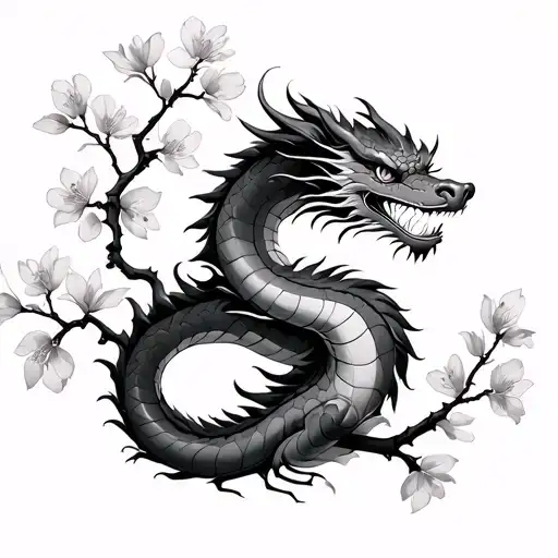 Japanese style dragon wrapped around  cherry blossom branch and cherry blossoms behind the dragon tattoo design idea