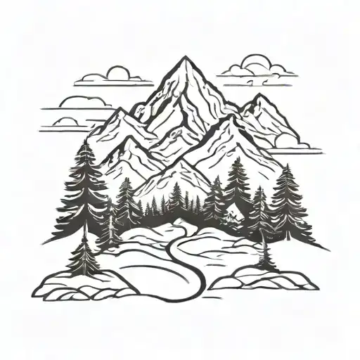 mountains and forest with pathway surrounded by trees tattoo design idea