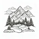 mountains and forest with pathway surrounded by trees tattoo design idea