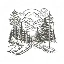 mountains and forest with pathway surrounded by trees tattoo design idea