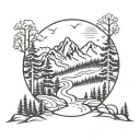 mountains and forest with pathway surrounded by trees tattoo design idea