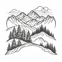 mountains and forest with pathway surrounded by trees tattoo design idea
