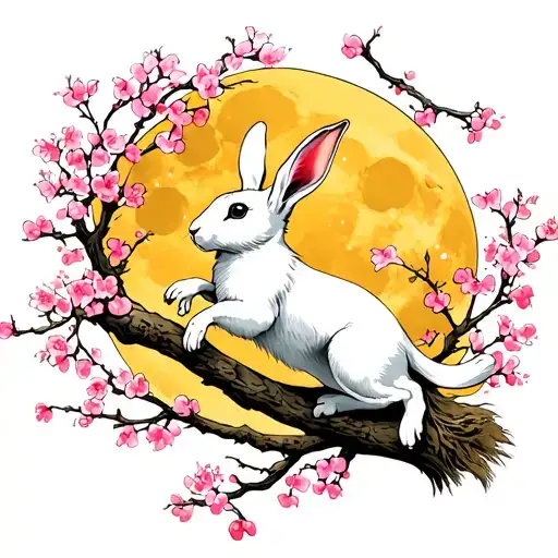 leaping white hare surrounded by pink cherry blossoms, yellow moon behind tattoo design idea