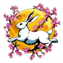 leaping white hare surrounded by pink cherry blossoms, yellow moon behind tattoo design idea