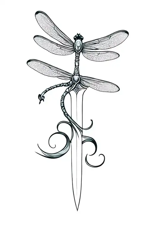 Dagger with dragonfly hilt and wavy blade tattoo design idea