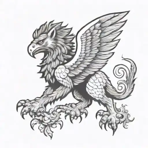 A drawing of a black and white griffin walking sideways in full height in the style of an old-school school. Front paws  tattoo design idea