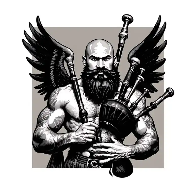 scottish bagpiper bald black beard  muscular wearing pipes in arm big black wings shirtless tattoo happy tattoo design idea