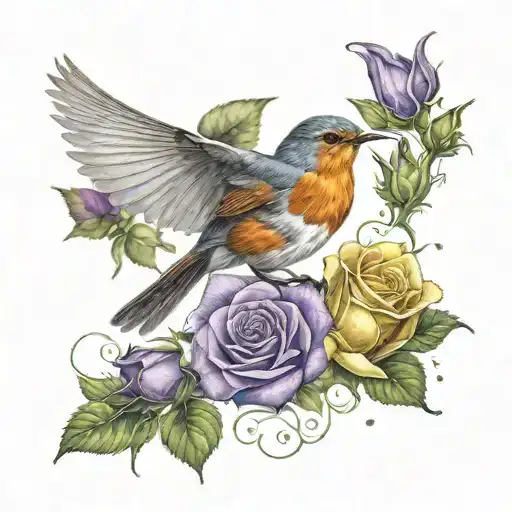 A robin holding a single yellow rose by its stem while flying, purple butterflies surrounding them tattoo design idea
