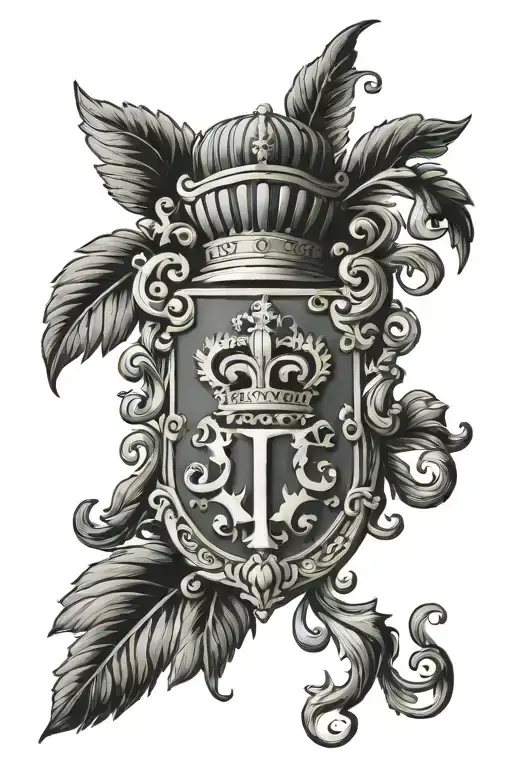 SF coat of arms surrounded by a laurel wreath with a fleur-de-lis at the top in the Louis XVI style  tattoo design idea