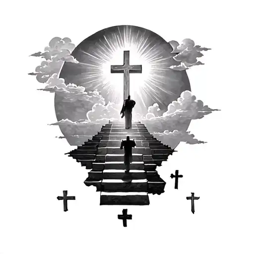 Tattoo with a large cross on top, light around, clouds, a staircase with a man rising his back and 3 crosses tattoo design idea