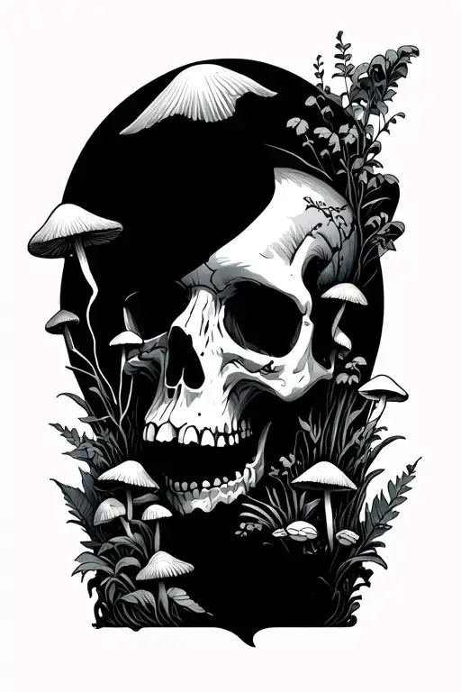 Do a full sleeve minimalist where in in the arm theres a dilophosoures skull that has mushroom and plants growing around tattoo design idea