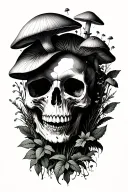 Do a full sleeve minimalist where in in the arm theres a dilophosoures skull that has mushroom and plants growing around tattoo design idea