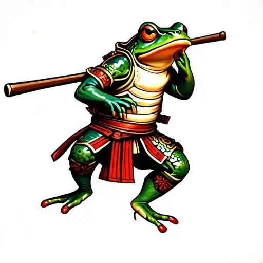 frog wearing japanese samurai armor, side view, frog mid jump. tattoo design idea
