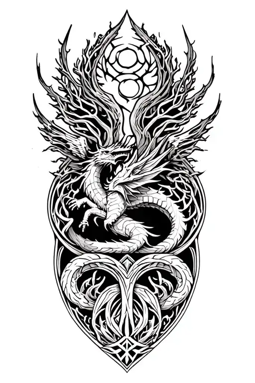 nordic tree of life with a nordic dragon flying tattoo design idea