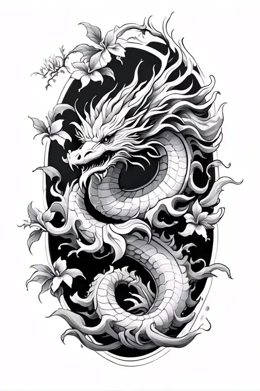 hibiscus vine, dragon, waves tattoo design idea