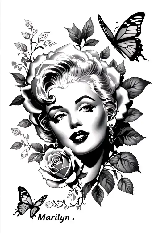 "Marilyn " roses and butterflies  tattoo design idea